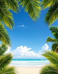 Sunlight filters through palm leaves on a clear day near the ocean with fluffy clouds in the background
