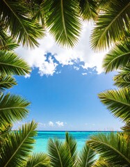 Sunlight filters through palm leaves on a clear day near the ocean with fluffy clouds in the background