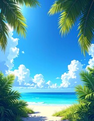 Sunlight filters through palm leaves on a clear day near the ocean with fluffy clouds in the background