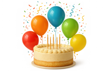 Birthday celebration featuring cake with unlit candles, colorful balloons, and festive confetti on a transparent background