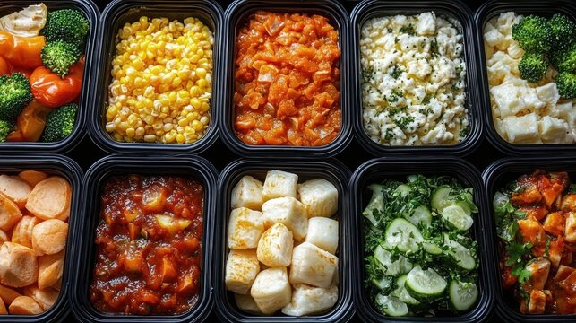 ten black containers filled with colorful prepared vegetables and side dishes including broccoli, corn, diced tomatoes, cauliflower, sweet potatoes, cucumber salad, and grilled cheese cubes - Powered by Adobe