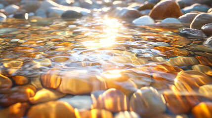 A clear stream flows over amber pebbles under a golden sunlight streak, glowing in an emerald to honey gradient that evokes peace, purity, and natural harmony.
