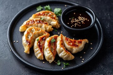 Plate of golden brown pan-fried dumplings served with soy sauce and sprinkled with sesame seeds and fresh herbs on a dark textured surface