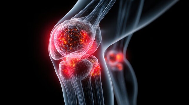 Animated depiction of human knee joint, highlighting pain and inflammation, ideal for medical or educational use.