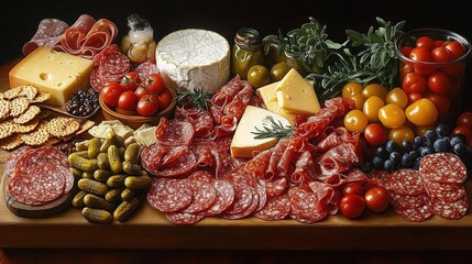 Assorted charcuterie board with various sliced cured meats, multiple types of cheese, cherry tomatoes, pickles, crackers, grapes, olives, herbs, and jars of preserved vegetables on a wooden surface