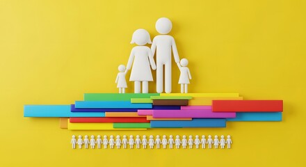 Symbolic representation of family values, community support, and diversity on a vibrant yellow backdrop, conveying unity and togetherness