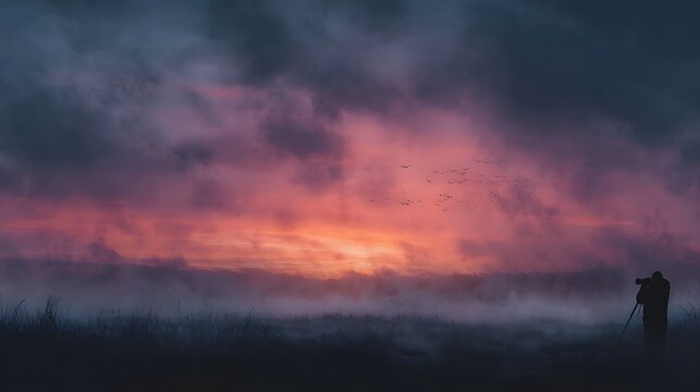 A lone photographer captures a misty sunrise over a grassy field with birds flying in the colorful sky