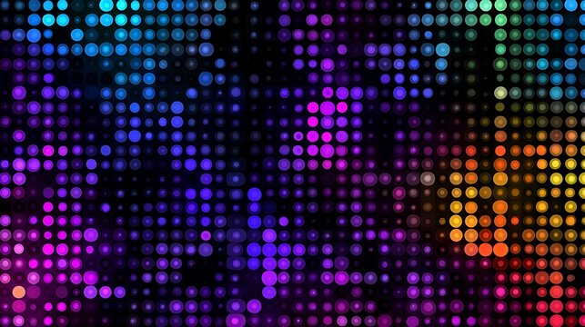 A colorful array of circular lights arranged in a grid pattern against a dark background creating a visual effect