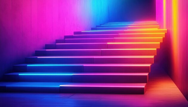 Futuristic staircase illuminated with gradient neon lights transitioning from blue to pink and purple hues creating a vibrant, modern atmosphere