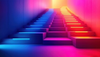 Modern staircase ascending with vibrant gradient lighting in shades of blue, purple, pink, orange, and yellow creating a futuristic and dynamic atmosphere