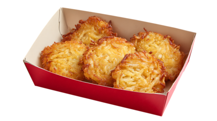 Golden brown hash browns in a red cardboard container