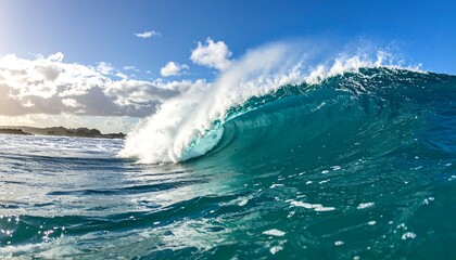 A crashing turquoise wave against a clear, sunlit sky