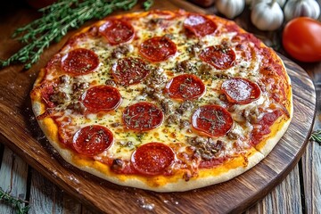 Close-up of a freshly baked pepperoni and sausage pizza with melted cheese on wooden cutting board surrounded by fresh herbs, tomatoes, and garlic cloves