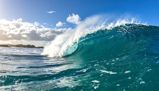 A crashing turquoise wave against a clear, sunlit sky - Powered by Adobe