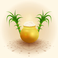 Indian Happy Pongal festival illustration with golden pot, sugarcane and rangoli. Ethnic Tamilnadu celebration of harvest, traditional hindu culture, agriculture holiday. Vector illustration