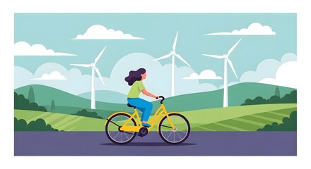 Woman cycling past wind turbines on a sunny day, promoting renewable energy, sustainable living, and environmental awareness with a vibrant, modern aesthetic