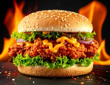 A close-up shot of a tasty sandwich against a fiery backdrop