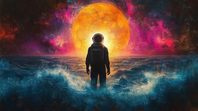 Silhouette of an astronaut standing in turbulent ocean waves facing a large glowing sun against a vivid colorful sky at sunset