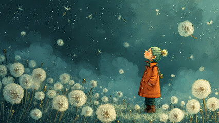 Child Looking Up at Fireflies and Stars at Night Art