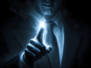 An executive emanates energy from his fingertip while wea a suit and tie in a dark studio setting.