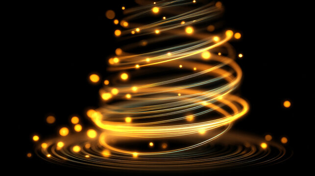 spiral of bokeh lights and neon sparks, forming a rotating, magical swirl. The scene conveys motion, energy, and a sense of wonder, with glowing golden highlights, curved speed lines, and shiny, wavy 