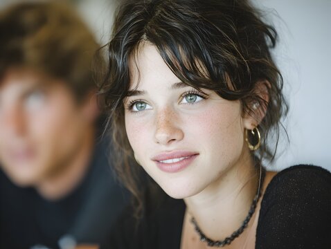Beautiful young woman with freckles gazes thoughtfully while sitting near a blurred out young man indoors.