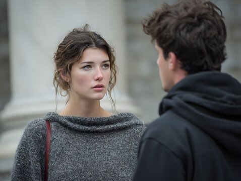 An attractive young woman looks with concern at a man wea dark clothing while standing outdoors now.