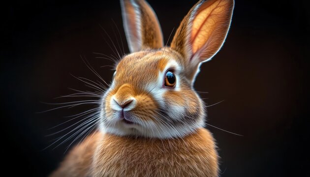 Close-up of a curious brown rabbit with detailed fur and long whiskers against a dark background