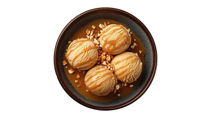 Top-down view of butterscotch ice cream scoops in a ceramic bowl