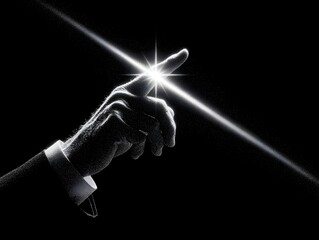 A male hand in a suit points into the darkness as a bright light streak illuminates his finger tip.