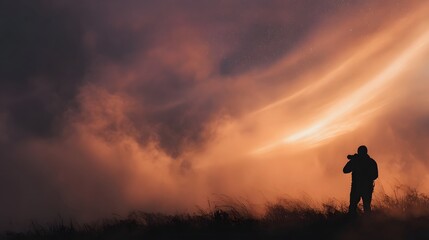A silhouette of a photographer captures a vibrant golden sunset sky with dramatic clouds