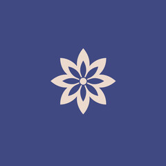 A stylized, symmetrical floral design with a central dot on a blue background.