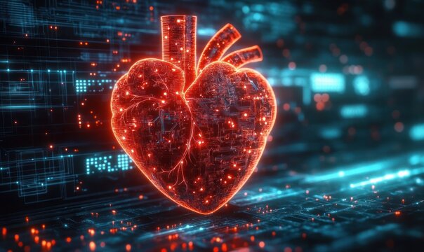 Glowing digital human heart with visible circuitry and network connections symbolizing advanced medical technology and artificial intelligence integration