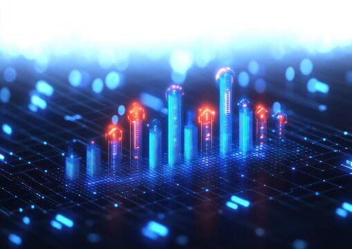 Futuristic digital 3D bar chart with glowing blue columns and red upward arrows symbolizing data growth and positive trends on a tech grid background