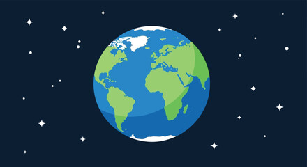 Stylized illustration of planet earth with continents and oceans floating in a dark starry night sky