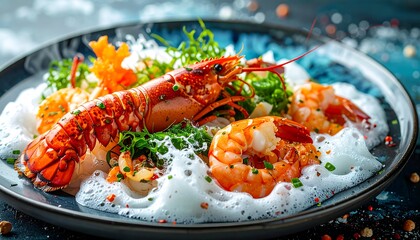 Gourmet seafood dish of lobster and shrimp with green garnishes