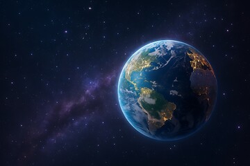 Naklejka premium Earth from space with city lights visible on the night side, set against a backdrop of stars and a nebula.