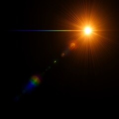 Fototapeta premium Bright orange light flare with rainbow effect on a black background.