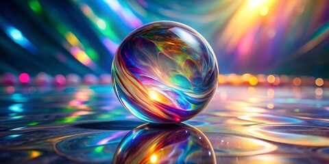 A vibrant iridescent sphere rests on a reflective, shimmering surface, illuminated by a colorful, abstract background