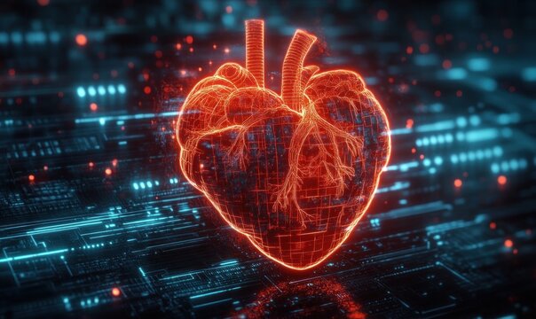 Glowing red digital human heart with anatomical details floating above futuristic blue and black circuit board background emitting vibrant light and energy