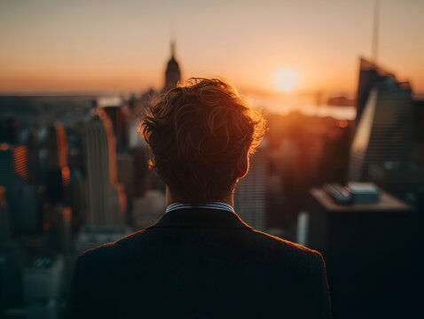 A successful businessman gazes at the sunrise over the urban cityscape from a high rise rooftop in the city.