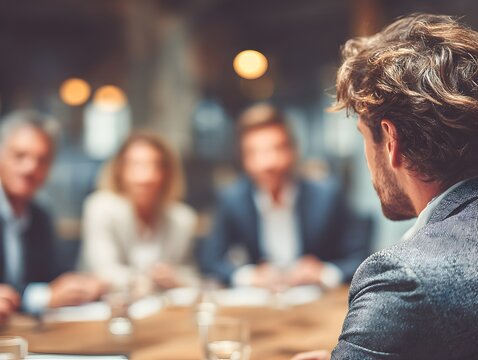 A young professional presents business strategy to colleagues at a board meeting in a modern office setting.