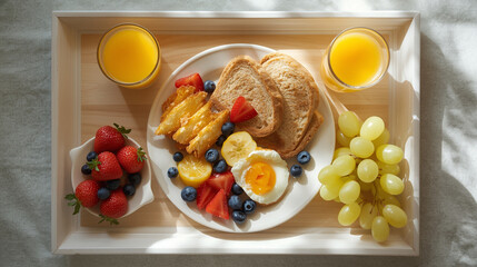 Top view of breakfast tray with boiled egg, toast, fresh fruit, and juice. Neatly arranged composition, bright tone, and morning ambiance convey comfort, health, and lifestyle balance.