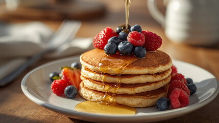 Photography of pancakes with fruit topping and honey drizzle. Captured with soft diffused light, warm tone, and minimal props for an inviting, wholesome breakfast aesthetic.