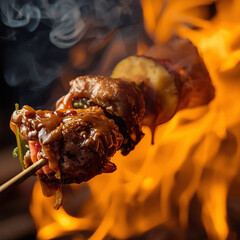 Macro photography of skewered food dripping sauce over flame, smoke swirling gracefully. Shallow depth of field and warm highlights create dramatic, delicious, and sensory-rich food