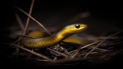 Obraz premium Luminous yellow snake resting among dry pine needles in a dark, shadowy woodland environment showcasing its striking features