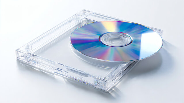 Vibrant iridescent compact disc resting delicately on an open clear plastic case, symbolizing digital information and media storage on a clean white background