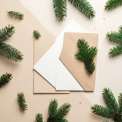 Festive pine branches arranged on a neutral background for holiday decoration or crafting projects