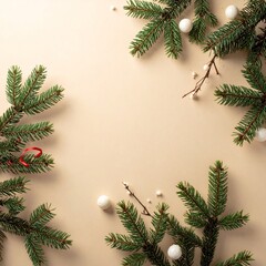 Festive pine branches arranged on a neutral background for holiday decoration or crafting projects