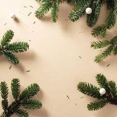 Festive pine branches arranged on a neutral background for holiday decoration or crafting projects